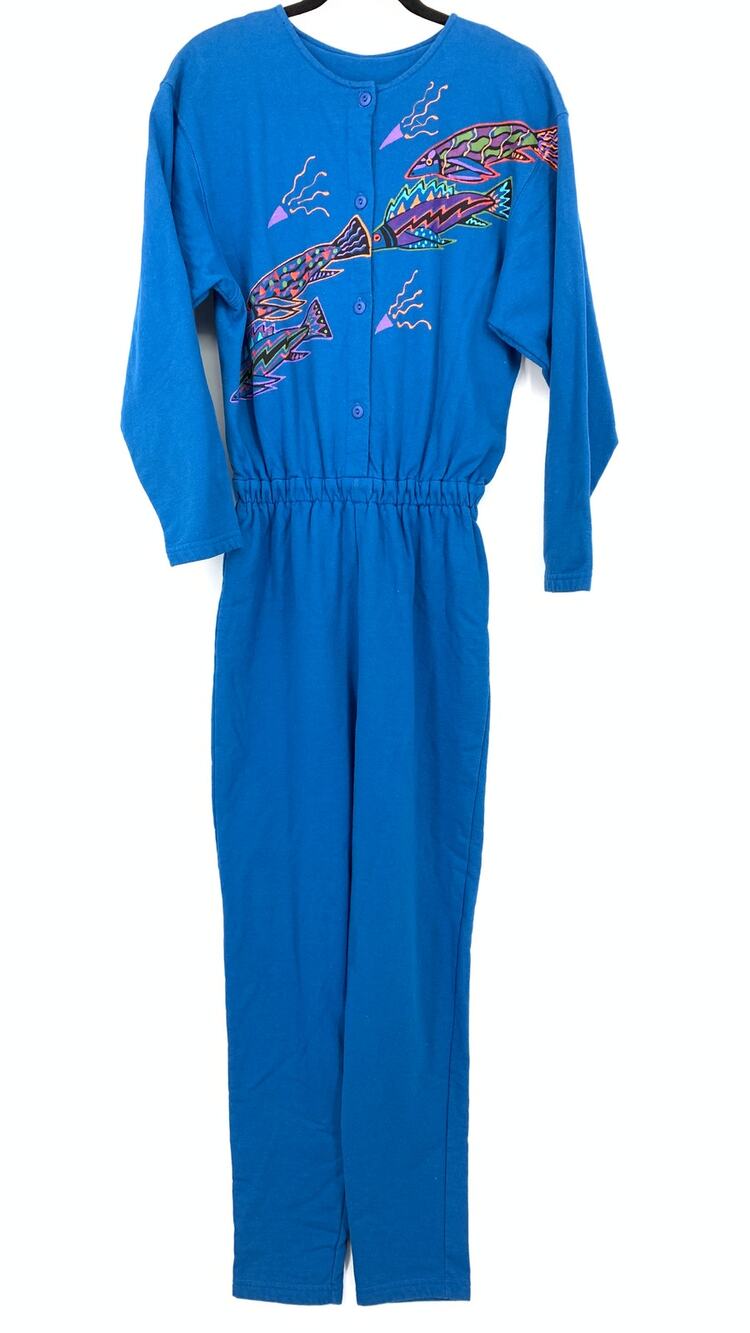 VTG 80s Basic Threads Jumpsuit Womens Apx Sz S Blue Fish Graphics Art To Wear